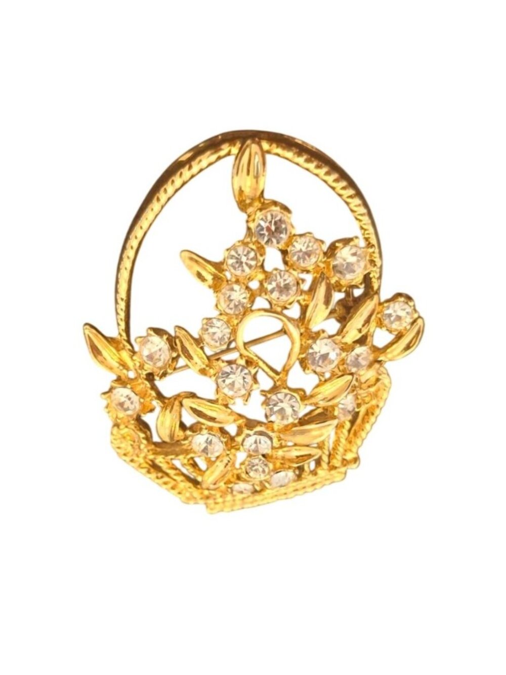 Vintage Gold Tone Rhinestone Flower Basket Brooch Pin Floral Wreath Jewelry